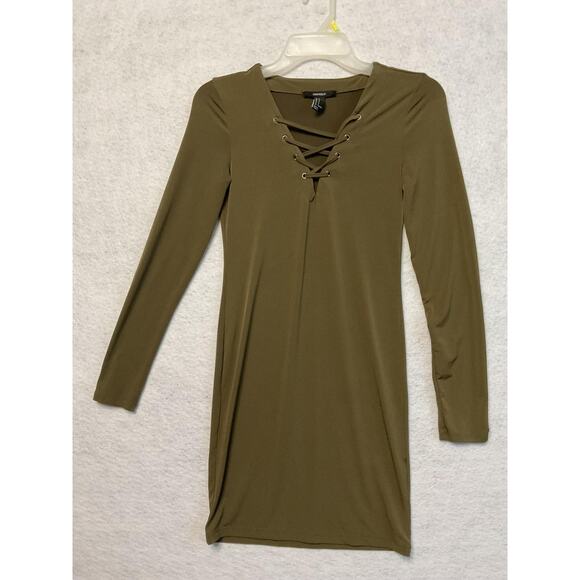 Forever 21 Dress Womens Small Olive Green Long Sleeve Lace Up V Neck Bodycon - Picture 1 of 8